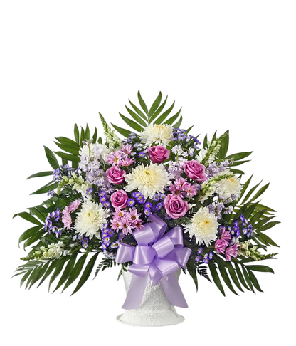 lavender and white sympathy floor basket 